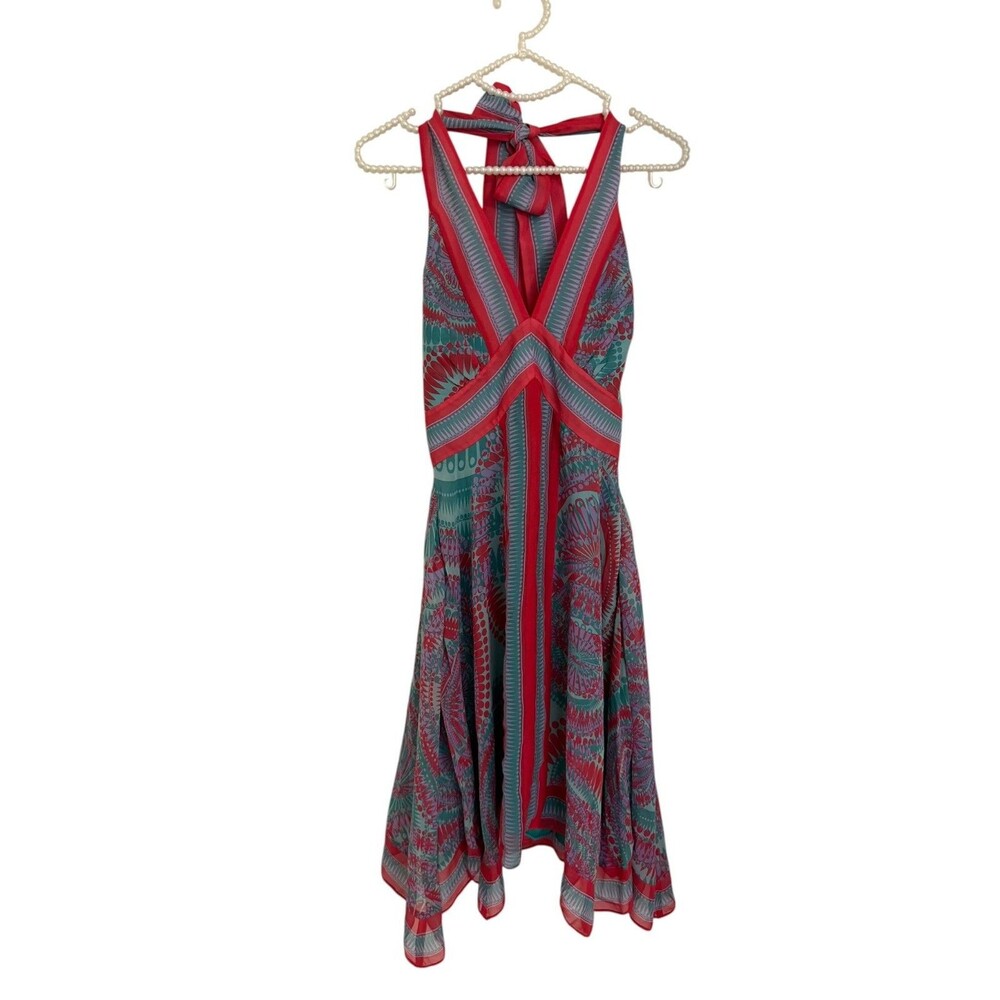 BCBG Max Azria Silk Halter Midi Dress 0 Pink Green Geometric Print